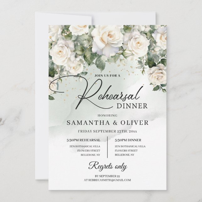 Invitation Roses blanches de boho romantique et faux or vert (Devant)