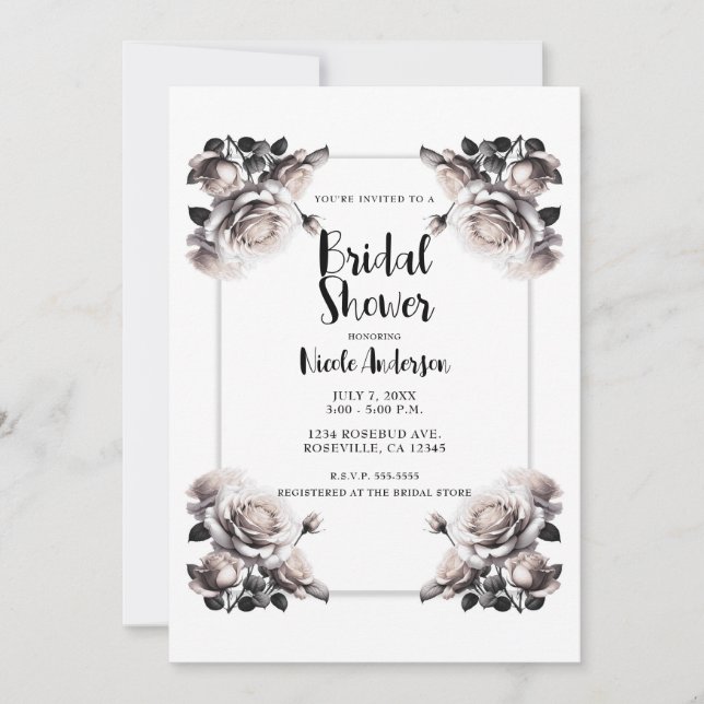 Invitation Roses blanches délicates Shabby Chic Douche (Devant)