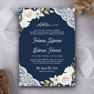 Invitation Roses blanches dentelle bleu marine Code QR mariag
