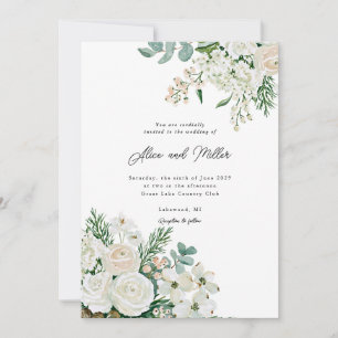 Invitation Roses blanches d'hiver, cornouiller et épicéa pour