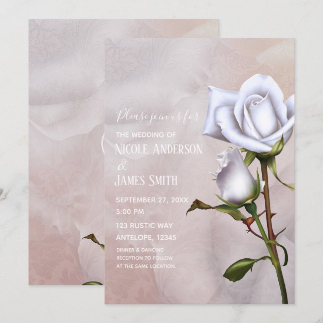 Invitation Roses Blanches Douces Romantiques Élégant Mariage  (Devant / Derrière)