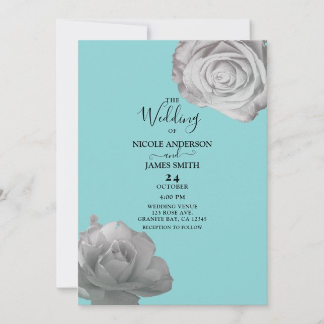 Invitation Roses blanches Elégant Floral Turquoise Mariage bl (Devant)