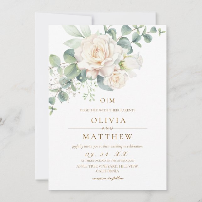 Invitation Roses blanches Élégant Mariage de fleurs (Devant)