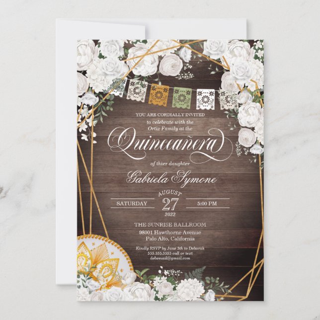 Invitation Roses blanches Elégant Western Charro Quinceanera  (Devant)