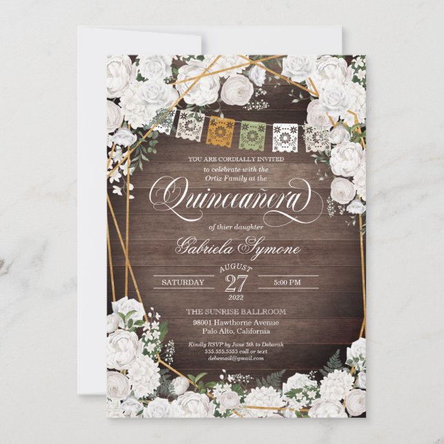 Invitation Roses blanches Elégant Western Rustic Quinceañera  (Devant)