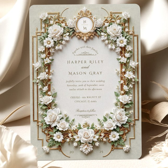 Invitation Roses blanches élégantes avec Or Faux (Créateur téléchargé)