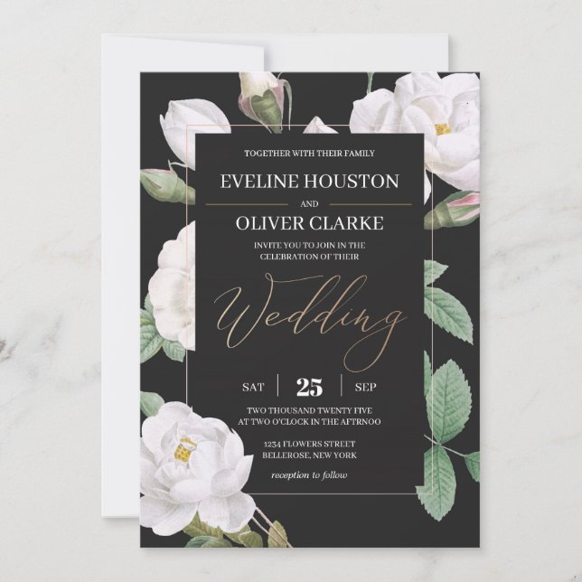 Invitation Roses blanches élégantes et fleurs arrière - plans (Devant)