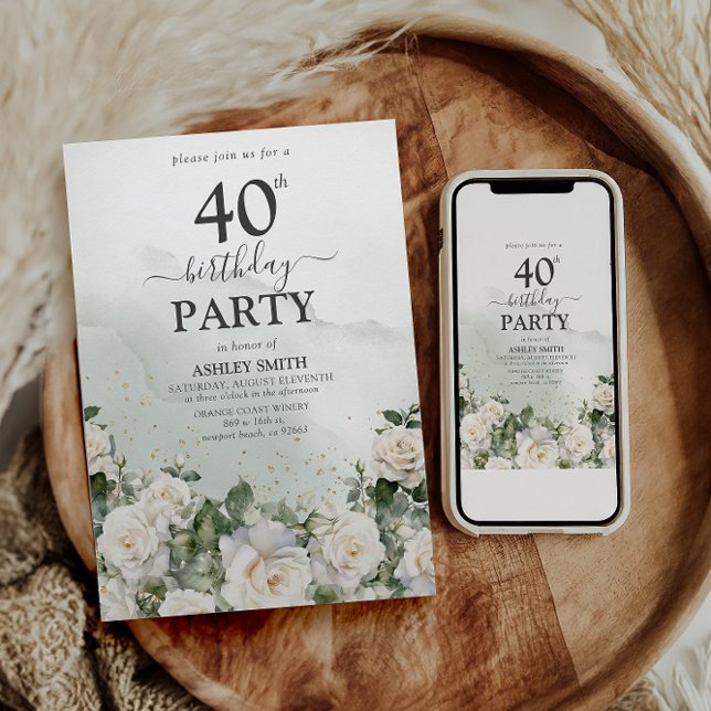 Invitation Roses blanches élégantes et verdure 40e anniversai (Créateur téléchargé)