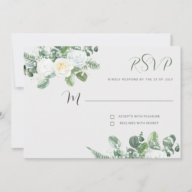 Invitation Roses blanches élégantes et verdure RSVP (Devant)