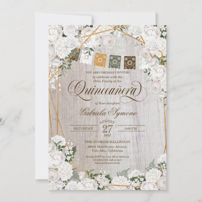 Invitation Roses blanches élégantes Quinceanera Ouest Rustiqu (Devant)