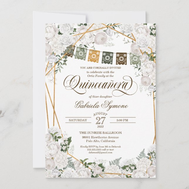 Invitation Roses blanches élégantes Quinceanera Ouest Rustiqu (Devant)