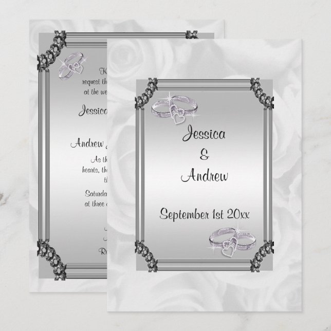 Invitation Roses blanches et anneaux de Mariage diamant (Devant / Derrière)
