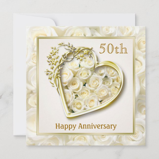 Invitation Roses blanches et cœur 50e anniversaire de mariage (Devant)