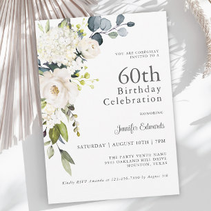 Invitation Roses blanches et Hydrangeas Elégant 60e anniversa