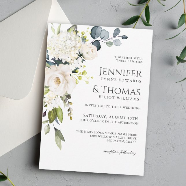 Invitation Roses blanches et Hydrangeas Élégant Mariage flora (Créateur téléchargé)