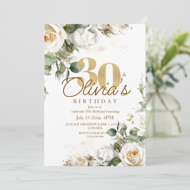 Invitation Roses blanches et or Dusty Floral 30e anniversaire (Debout devant)
