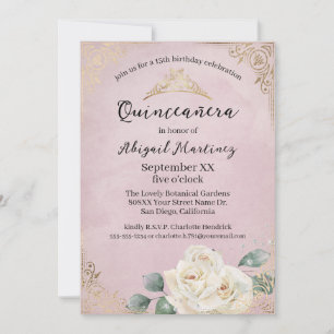 Invitation Roses blanches et or Quinceanera rose vintage