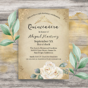 Invitation Roses blanches et or Quinceanera vintage