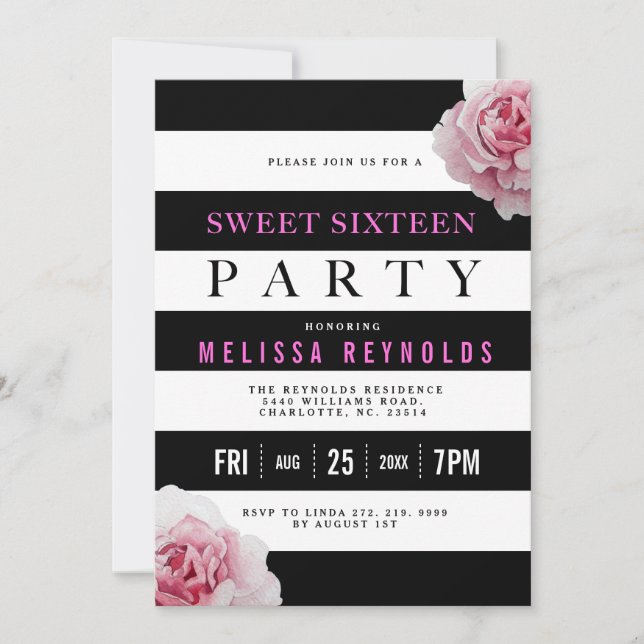 Invitation Roses blanches et roses noires Douces 16 Parties (Devant)