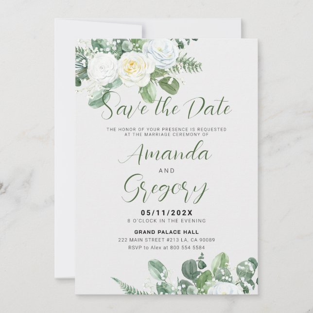 Invitation Roses blanches et verdure Élégantes Économisez à j (Devant)