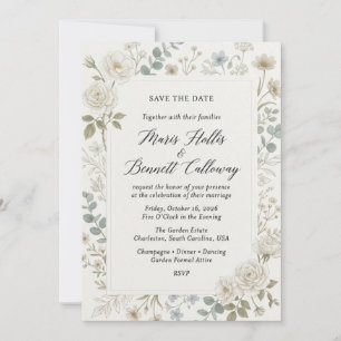 Invitation Roses blanches, eucalyptus, fleurs sauvages, cadre