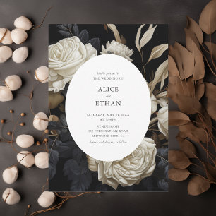 Invitation Roses blanches fleurissent Feuilles séchés Mariage