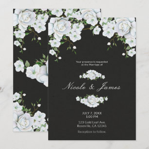 Invitation Roses blanches Fleurs et mariage gris charbon