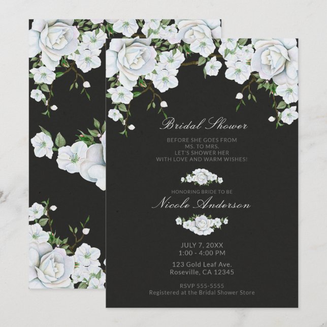 Invitation Roses blanches Floral & Charcoal Gris Fête des mar (Devant / Derrière)