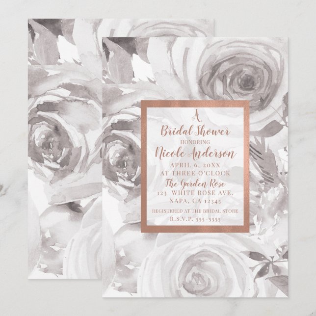 Invitation Roses blanches Floral Rose Moderne Fête des mariée (Devant / Derrière)