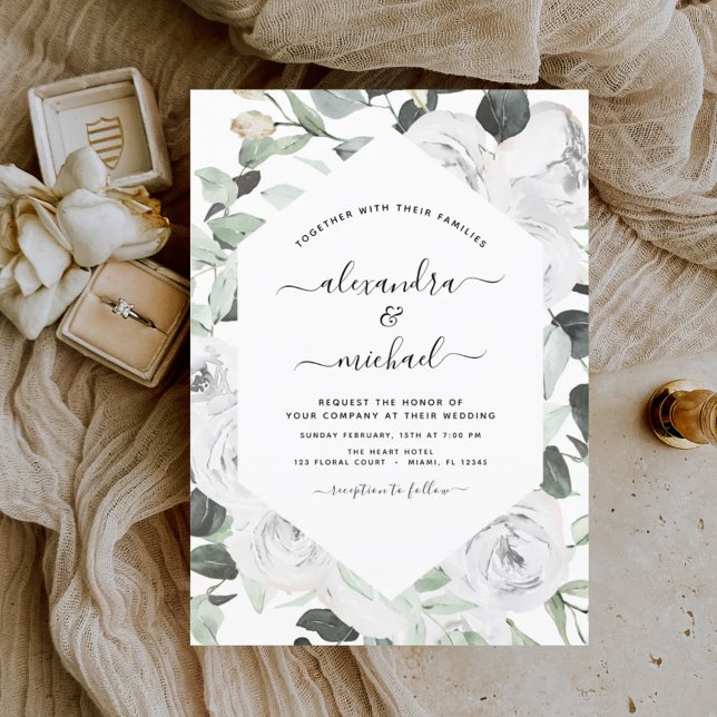 Invitation Roses Blanches Florales Eucalyptus Vert Mariage In (Créateur téléchargé)