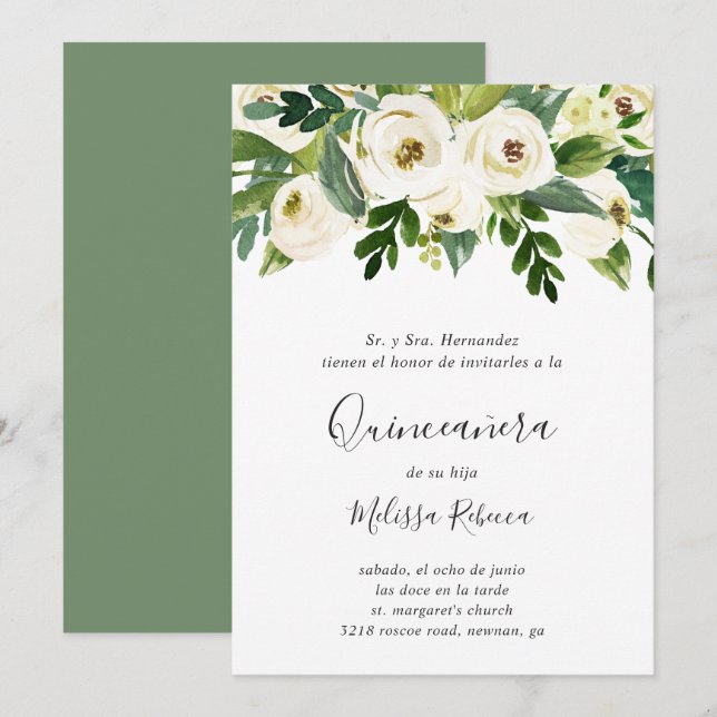 Invitation Roses Blanches Florales Verdure Elégante Quinceañe (Devant / Derrière)