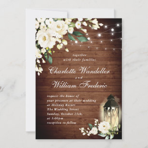 Invitation Roses blanches Lanterne en bois rustique Mariage a