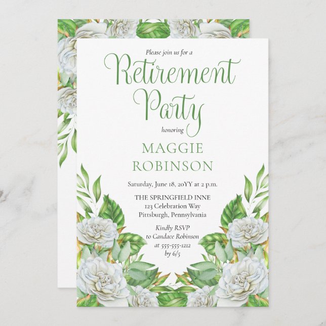 Invitation Roses blanches |Parti de retraite florale Boho ver (Devant / Derrière)