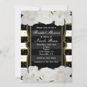 Invitation Roses blanches rayures noires et fête de mariage e