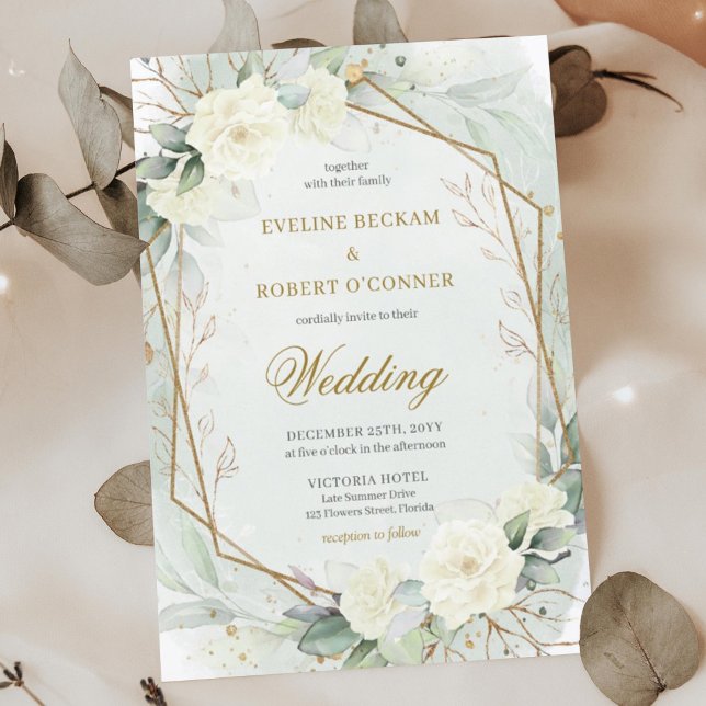 Invitation Roses blanches romantiques Eucalyptus Vert et or (Whimsical boho white roses and eucalyptus greenery wedding invitation digital)