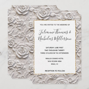 Invitation Roses blanches romantiques Faux Mariage en cuir