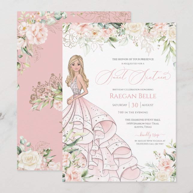 Invitation Roses blanches rose pâle Luxe Sweet sixteen Invit (Devant / Derrière)