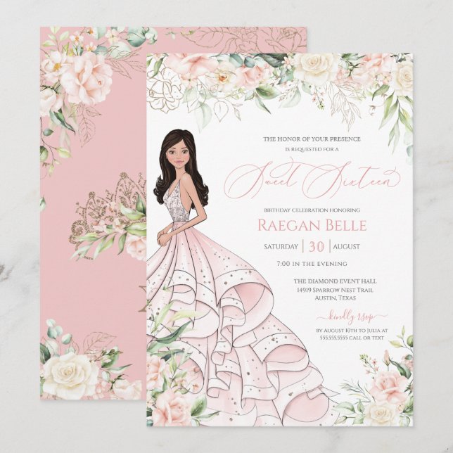 Invitation Roses blanches rose pâle Roses luxueuses Sweet six (Devant / Derrière)