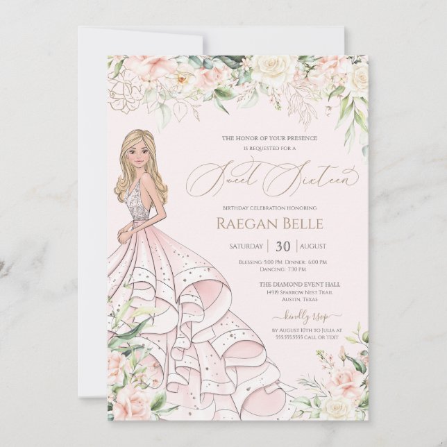 Invitation Roses blanches rose pâle Roses Sweet sixteen de lu (Devant)
