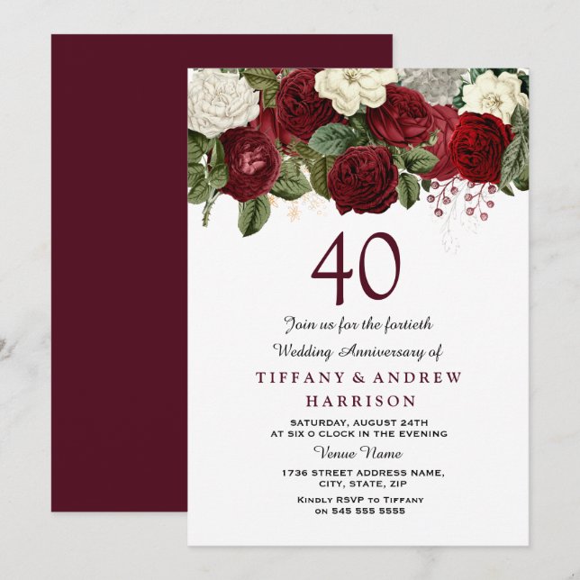 Invitation Roses blanches rouges bordeaux 40e anniversaire de (Devant / Derrière)
