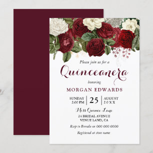 Invitation Roses blanches rouges de Bourgogne Quinceanera Inv