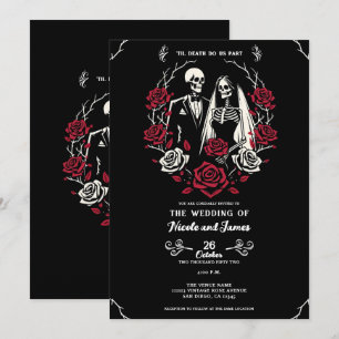 Invitation Roses blanches rouges & noires Squelette Couple Ma