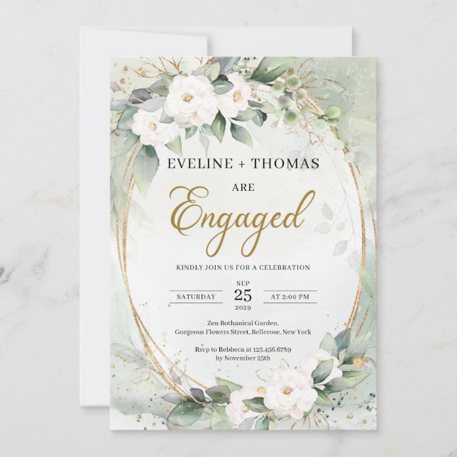 Invitation Roses blanches rustiques eucalyptus cadre ovale or (Devant)