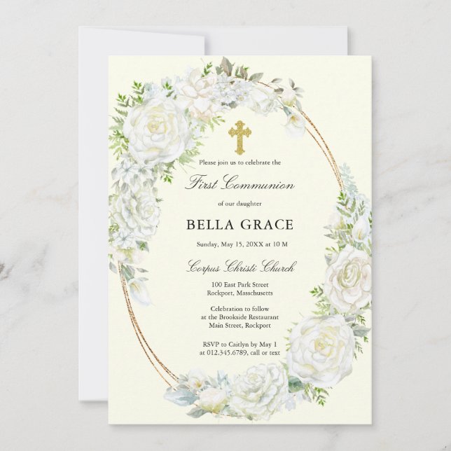 Invitation Roses Blanches Rustiques Floral Première Communion (Devant)