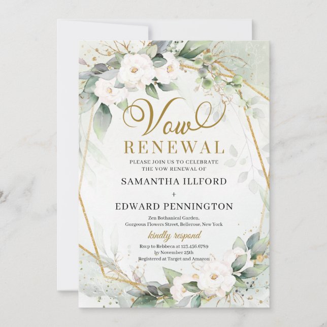 Invitation Roses blanches verdure eucalyptus or vow renouveau (Devant)