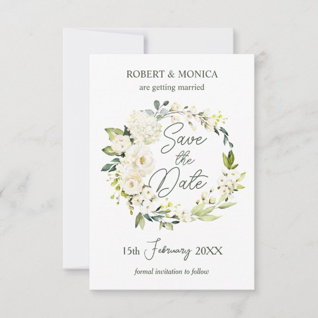 Invitation Roses blanches Verdure Foliage Mariage Enregistrer (Devant)