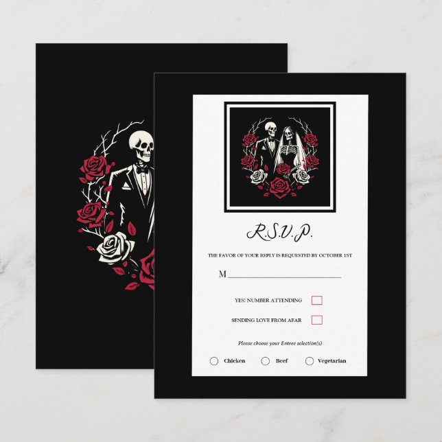 Invitation Roses blancs rouges et noirs Squelette mariage RSV (Devant / Derrière)