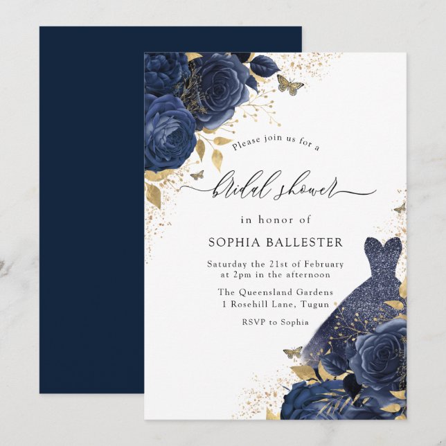Invitation Roses bleu marine et robe Fête des mariées or (Devant / Derrière)