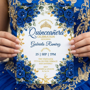 Invitation Roses Bleu Royal Quinceañera Papillons Dorés