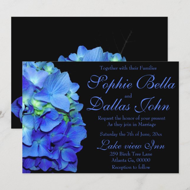 Invitation Roses bleues florales élégantes hydrangeas bleus (Devant / Derrière)